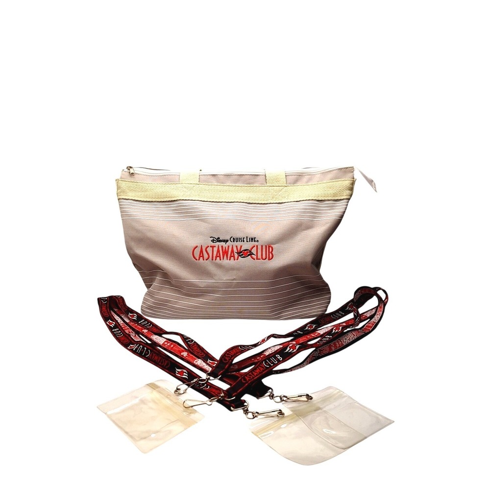 Disney Cruise Line Castaway Club Tote Bag and 4 Lanyards Set Tan Red Striped